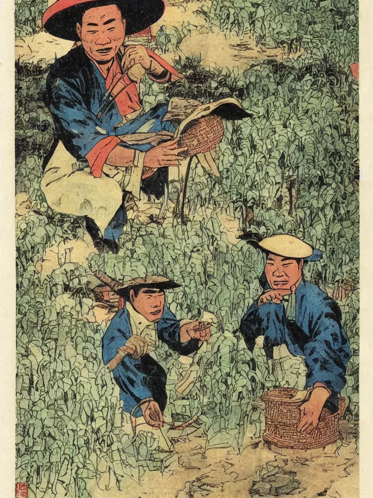 Prompt: portrait of a chinese farmer with a rice hat, marvel comic book