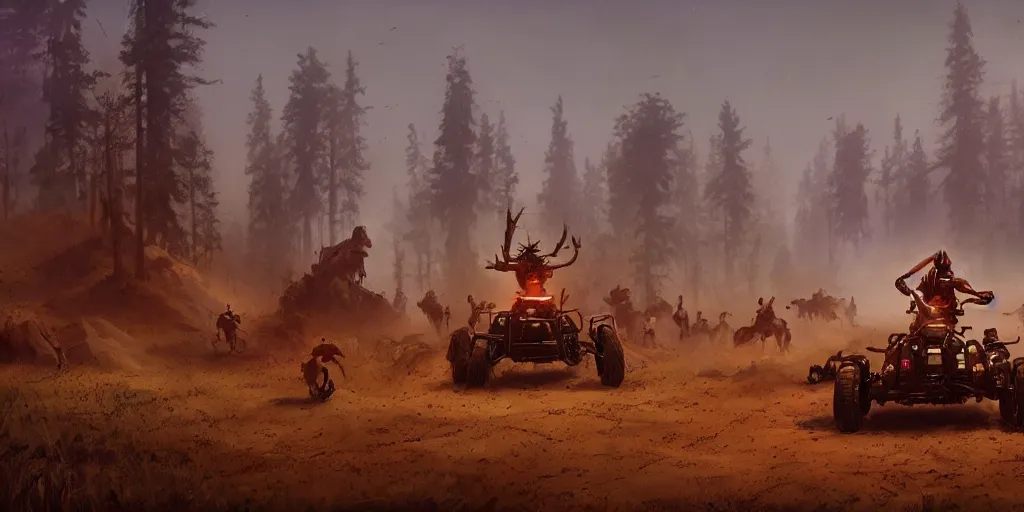 Image similar to indian on wooden native atv attacking bufallos, action scene, an epic fantasy, dramatic lighting, cinematic, establishing shot, extremely high detail, photorealistic, cinematic lighting, artstation, octane render, by simon stalenhag, horizon forbidden west and western