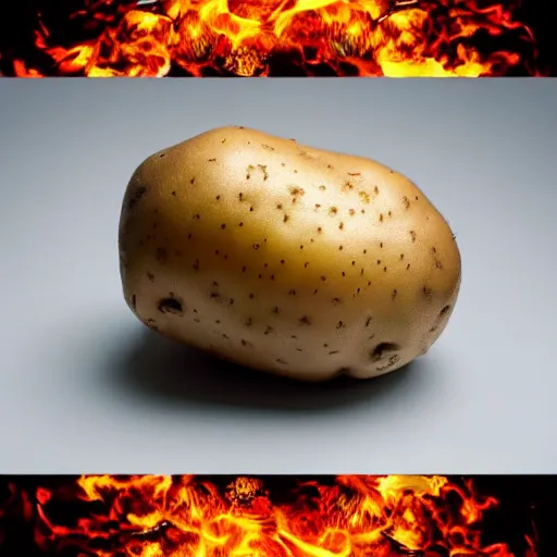 Prompt: a potato on fire, white background