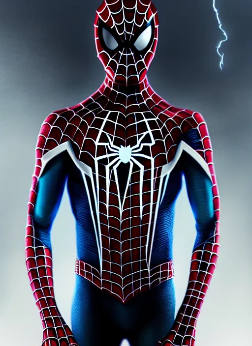 Image similar to cyber spider man as a brooding figure of the dark caught in the never - ending push and pull between good and evil, heaven vs. hell background, diffuse lighting, fantasy, intricate, highly detailed, lifelike, photorealistic, digital painting, artstation, illustration, concept art, smooth, sharp focus, art by john collier and albert aublet