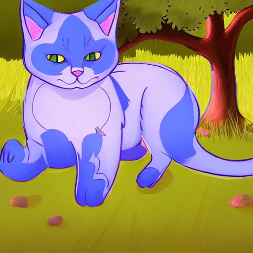 Prompt: illustration of glowing cute blue cat, field and tree, detailed concept art, artstation, warrior cats, shading,