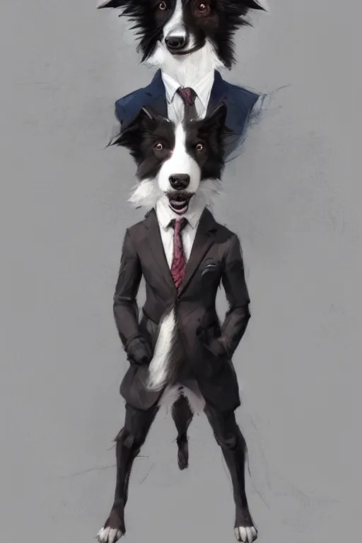 Image similar to portrait of a cute male anthropomorphic border collie fursona wearing a suit. by henry asencio, jon foster, and ross tran. highly detailed, concept art, furry, glamor pose, elegant, aesthetic, beautiful, trending on artstation