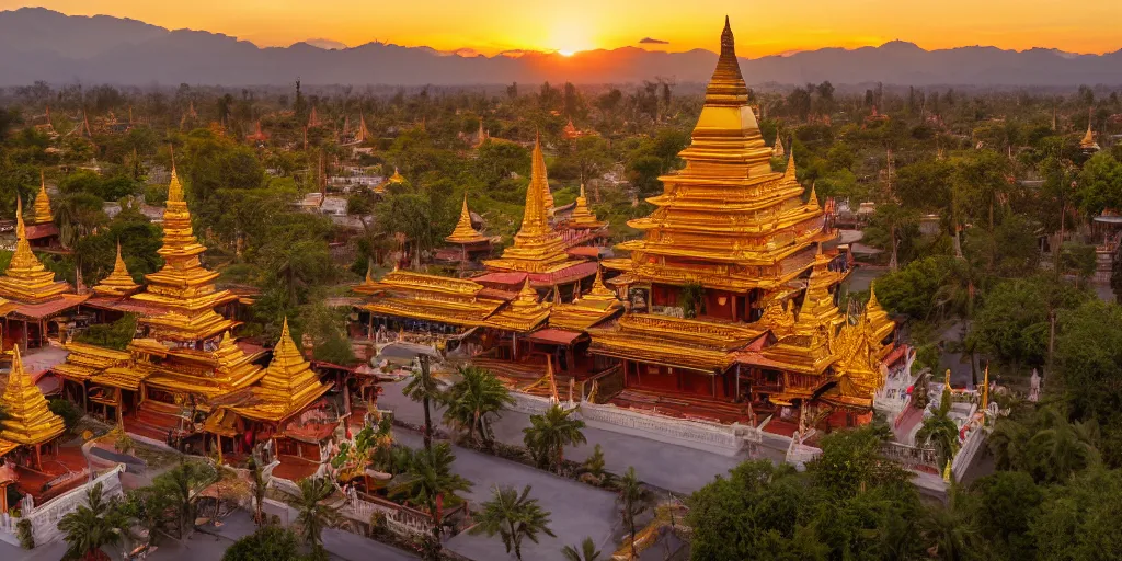 Image similar to beautiful!!!! environmental! shot photograph of the mandalay palace in the golden hour, Ultra-wide Angle, DSLR, cinematic lighting, 4k, award-winning