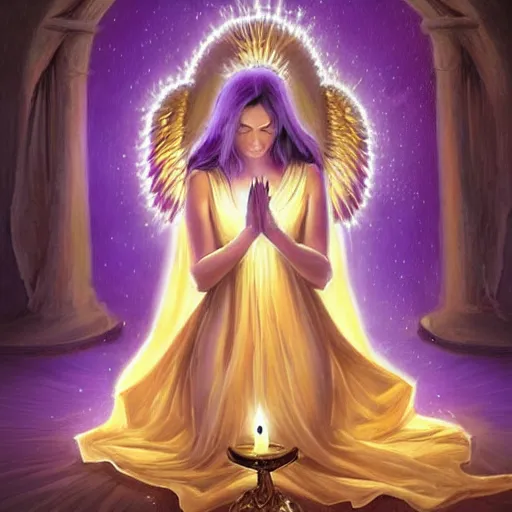 Prompt: a gorgeous woman with an extravagant purple dress kneels before an altar, praying with her head bowed down, illuminated by candlelight, angel wings, high fantasy art, illustrative, digital art, 3 d modeling, light painting, night scene, realistic art, illustration, painted, golden ratio!!