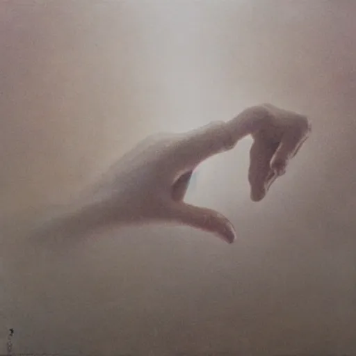 Image similar to hand and arm reaching out of thick fog, zdzislaw beksinski