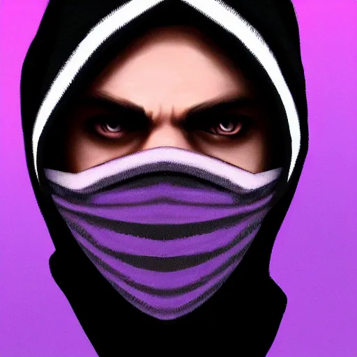 Image similar to ultra realistic illustration, man in a black hood, in a striped purple balaclava, mysterious, highly detailed, digital painting, artstation, concept art, smooth, sharp focus, illustration