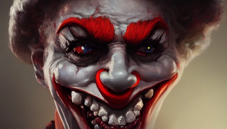 Prompt: portrait of a demonic clown, cinematic shot, aaa game concept art oil painting by jama jurabaev, extremely detailed, brush hard, artstation, high quality, brush stroke