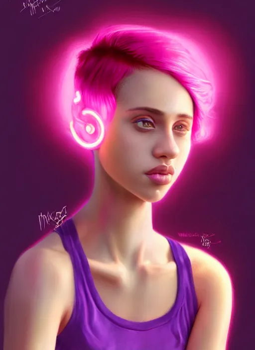 Image similar to portrait of teenage vanessa morgan with bright pink hair, vanessa morgan, curly pixie cut hair, wearing a purple breton cap, breton cap, hoop earrings, intricate, elegant, glowing lights, highly detailed, digital painting, artstation, concept art, smooth, sharp focus, illustration, art by wlop, mars ravelo and greg rutkowski