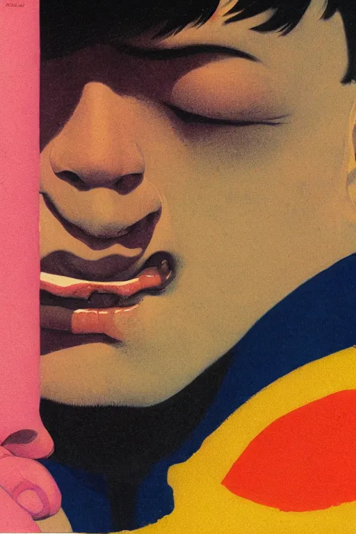 Image similar to a closeup portrait of a young spanish man licking a blotter paper of LSD acid on his tongue and dreaming psychedelic hallucinations, by kawase hasui, moebius, Edward Hopper and James Gilleard, Zdzislaw Beksinski, Steven Outram colorful flat surreal design, hd, 8k, artstation