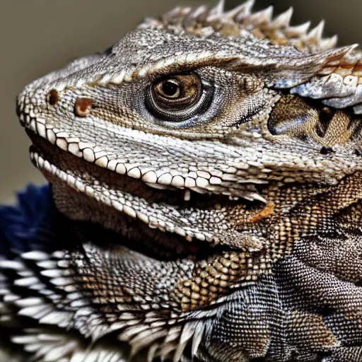 Prompt: bearded dragon on the back of a siberian husky, photorealistic