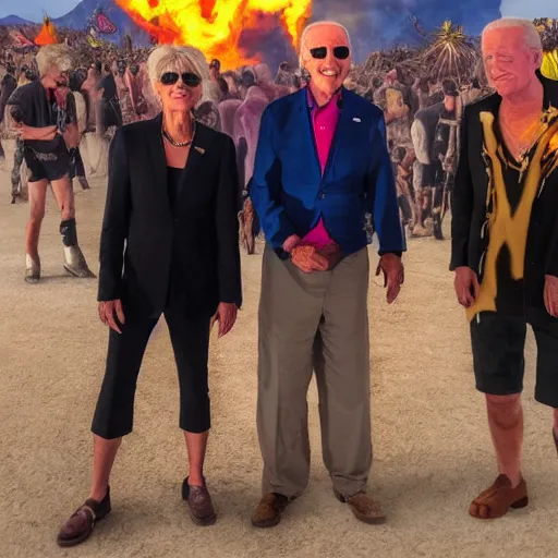 Image similar to photo of evil Joe Biden attending burning man with ecofeminist Donald Trump and a catboy Nick Land, photorealism, extremely detailed, soft lightning, playa, HD