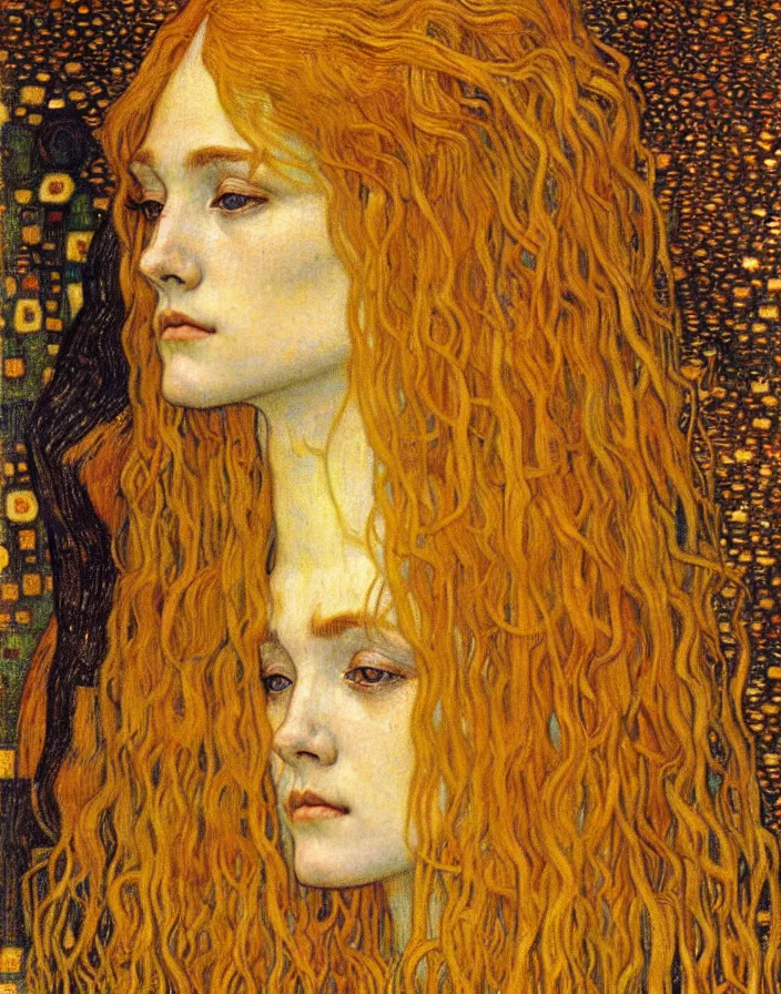 Image similar to detailed realistic beautiful young medieval queen face portrait by jean delville, gustav klimt and vincent van gogh, art nouveau, symbolist, visionary, gothic, pre - raphaelite, muted earthy colors, desaturated