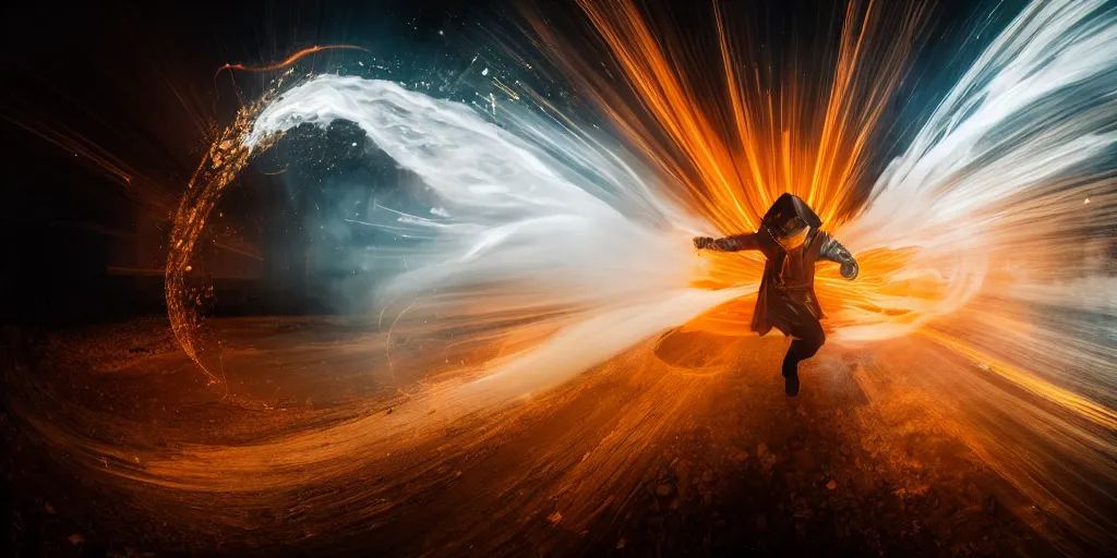 Prompt: music video fisheye slow motion with trail fire and smoke effect of futuristic break dancer wearing long dark cloak and golden helmet emitting fire and crystals, long exposure shot , enigmatic, at night on the moon, paddle of water, steam, fog, water splashes, rim lights, glossy reflections, water droplets on lens, octane render, Volumetric dynamic lighting, stunning cover magazine, high details, hajime sorayama