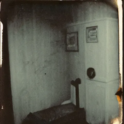 Image similar to Creepy ghost near old bed in motel room | vintage scratched polaroid photo