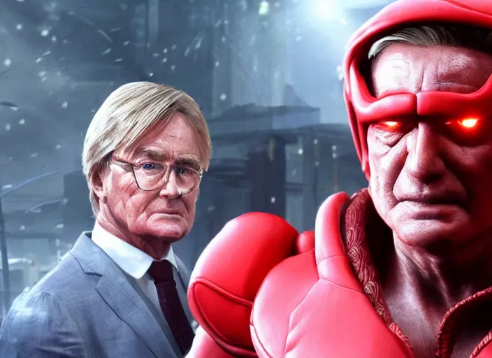 Prompt: action shot of ken barlow from coronation Street as ryu from Street fighter, ultra realistic, detailed, cinematic, unreal engine, concept art, digital art,