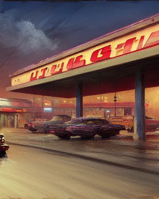 Image similar to a highly detailed epic cinematic concept art CG render digital painting artwork: Soviet gas station, night. By Greg Rutkowski, in the style of Francis Bacon and Syd Mead and Norman Rockwell and Beksinski, open ceiling, highly detailed, painted by Francis Bacon and Edward Hopper, painted by James Gilleard, surrealism, airbrush, Ilya Kuvshinov, WLOP, Stanley Artgerm, very coherent, triadic color scheme, art by Takato Yamamoto and James Jean
