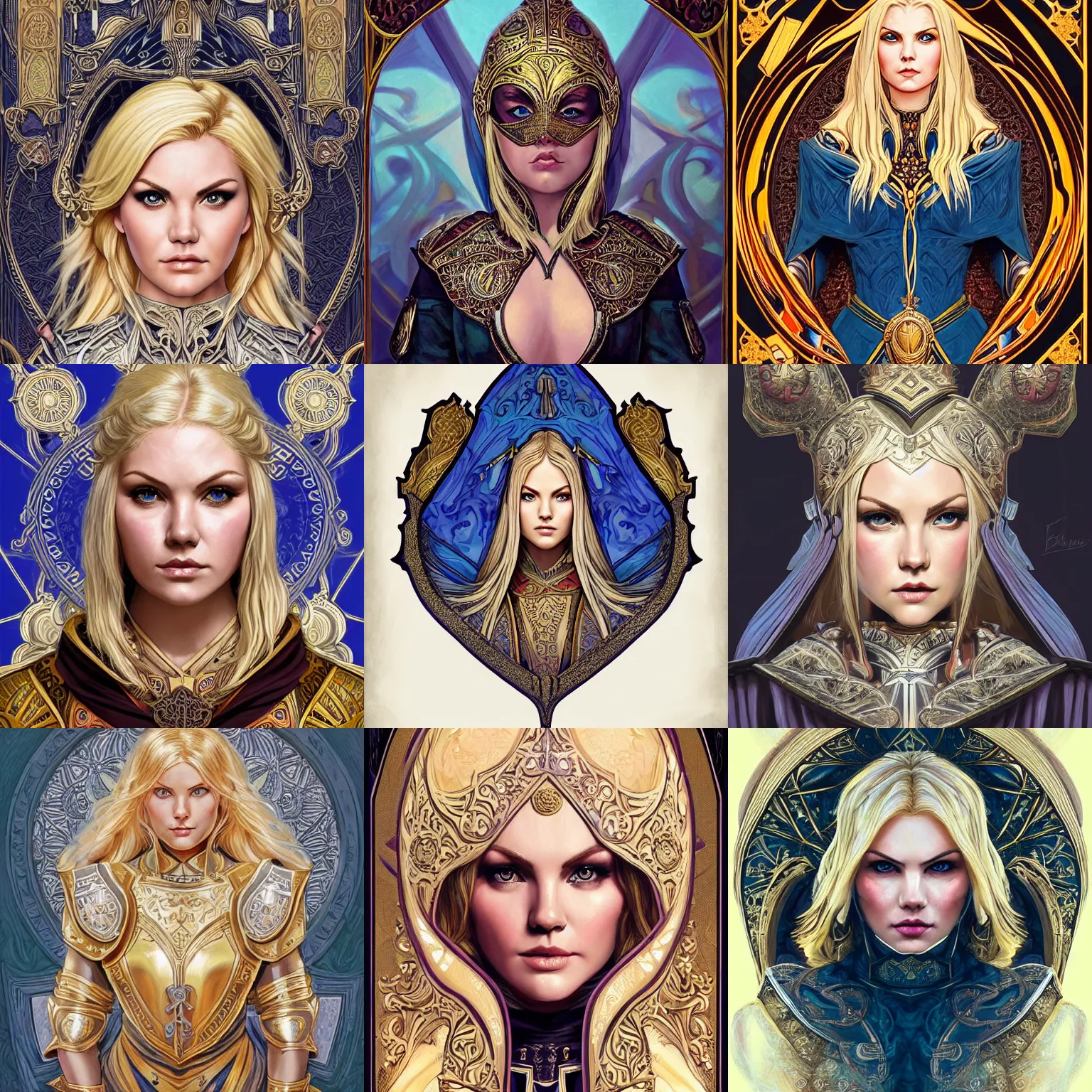 Image similar to head-on symmetrical centered painted portrait, Elisha Cuthbert as a paladin, blonde hair, ornate heavy plate armour, art nouveau, tarot card style, medieval robes, fantasy, intricate, elegant, highly detailed, smooth, sharp focus, illustration, artstation, in the style of Artgerm and Anna Podedworna and Alex Ross and Mucha