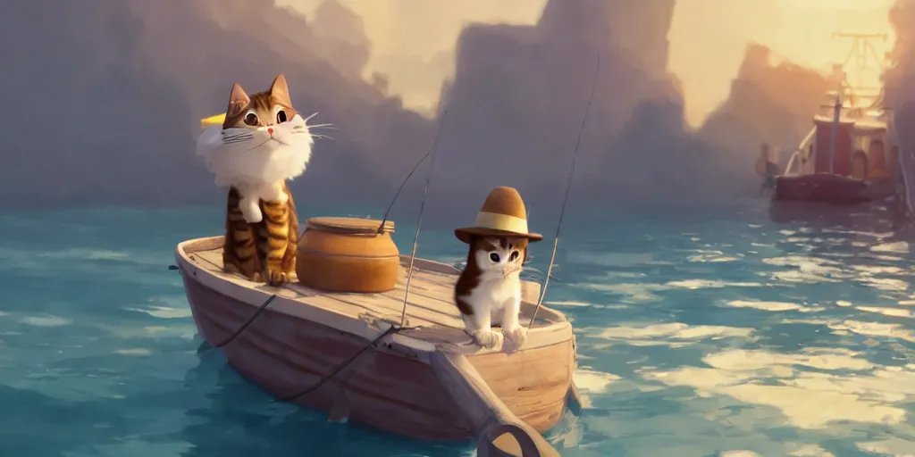 Image similar to a wholesome animation key shot of a cute cat on a fishing boat wearing a sunhat, studio ghibli, pixar and disney animation, sharp, rendered in unreal engine 5, anime key art by greg rutkowski, bloom, dramatic, dynamic lighting