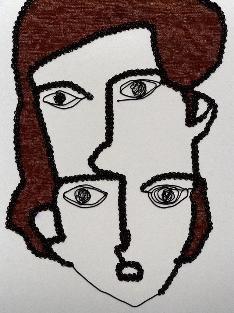 Image similar to elegant wire art portrait of an artist, influenced by egon schiele. minimalist artwork full of human emotional expression and personality, powerful gaze, dramatic.