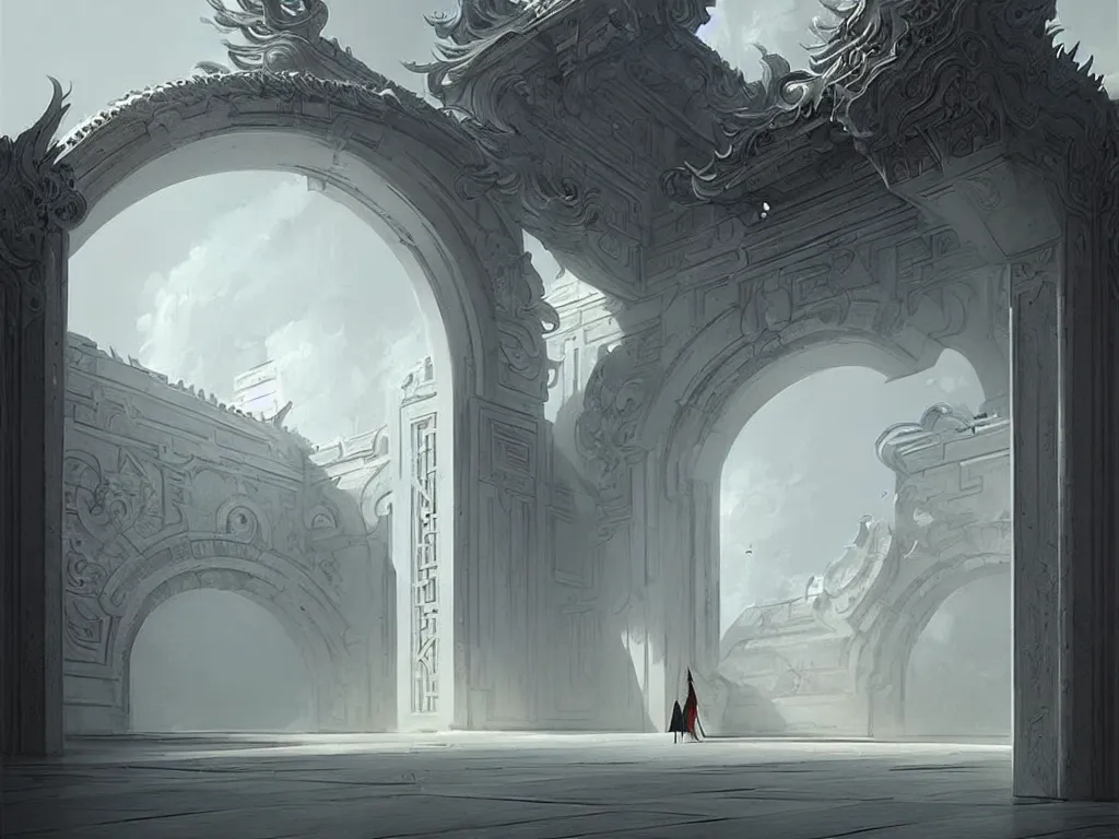 Image similar to circular gate in a white wall, leading to heaven. chinese architecture. fantasy. detailed. smooth. sharp focus. trending on artstation. artist greg rutkowski.