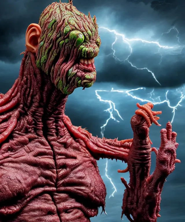 Prompt: hyperrealistic rendering, epic boss battle, cronenberg flesh monster ted cruz, by art of skinner and richard corben, product photography, collectible action figure, sofubi, hottoys, storm clouds, outside, lightning