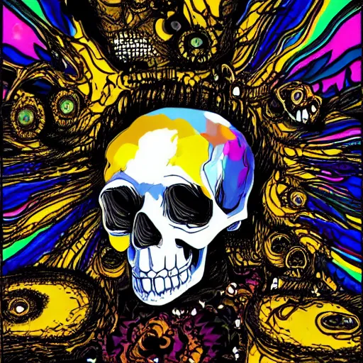 Image similar to dripping honey, portrait of skull, trippy, glitch, miyazaki style, exaggerated accents