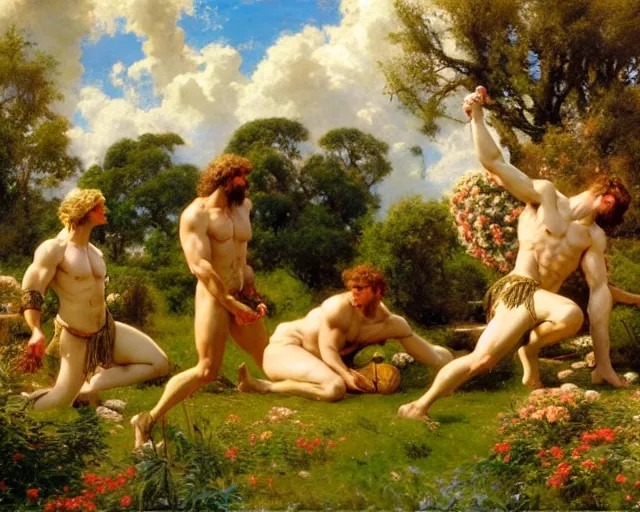 Prompt: hercules and achilles frolic in a meadow of beautiful flowers, large topiary and marble pillars in the background, painting by gaston bussiere, craig mullins, j. c. leyendecker, tom of finland