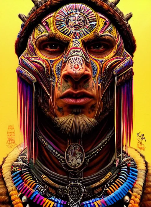 Image similar to portrait of tom ellis, hyper detailed ultra sharp aztec shaman warrior. trending on artstation, warpaint aesthetic, bloodwave, colorful, psychedelic, ornate, intricate, digital painting, concept art, smooth, sharp focus, illustration, art by artgerm and greg rutkowski and h. r. giger, 8 k