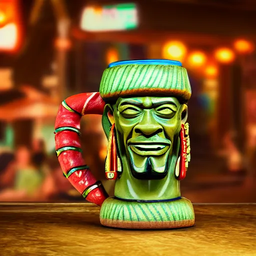 Prompt: a photorealistic photograph of a Trader Vic's tiki mug featuring Snoop Dogg at a tiki bar - Trending on Artstation, featured on Behance, well-rendered, Unreal Engine, 4K HD