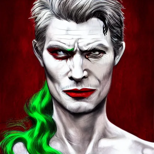 Image similar to peter otoole, green hair, white face, red lips, portrait, realistic, concept art, lee bermejo
