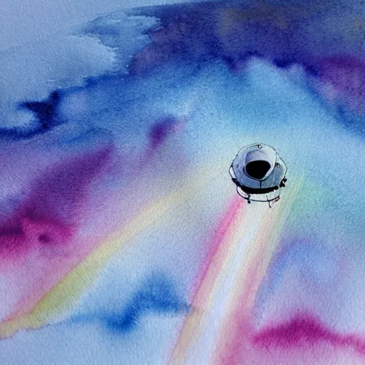 Prompt: high - angle view, close - up portrait, vague uap interstellar vehicle on top of an ephemeral rainbow in the sky, muted watercolor. minimalist, detailed, heavy under paint, muted colors, abstract. ue 5