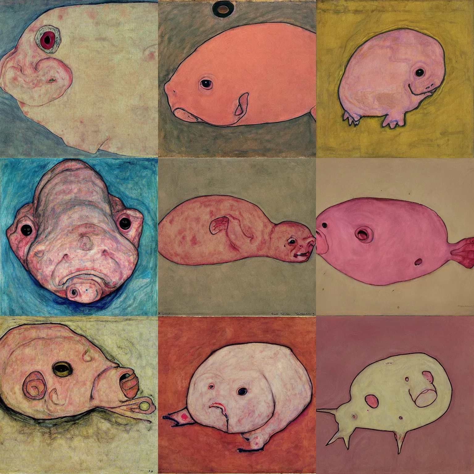 Prompt: blobfish, artwork by egon schiele