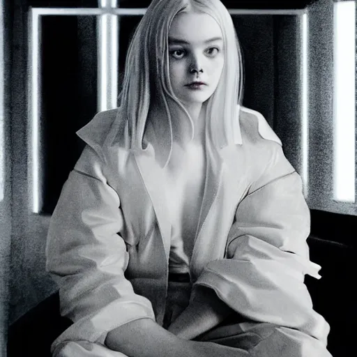 Prompt: Elle Fanning sitting on a white leather chair in the world of Adam Wyeth, head and shoulders portrait, stormy weather, extremely detailed masterpiece, oil on canvas, low-key neon lighting, artstation, Blade Runner 2049, Roger Deakin’s cinematography, by J. C. Leyendecker and Peter Paul Rubens and Edward Hopper and Michael Sowa,