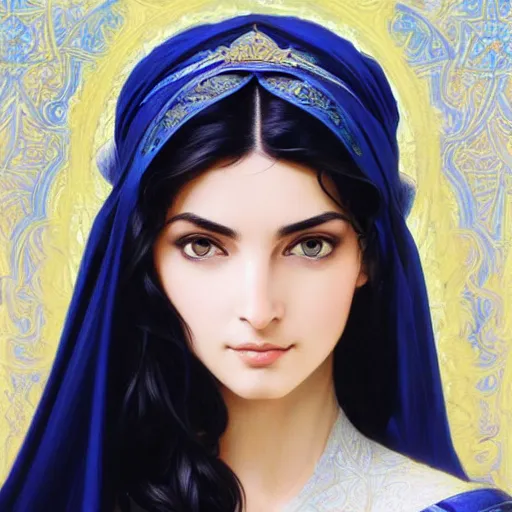 Image similar to ameera al taweel, bright blue eyes, long wavy black hair, white veil, front , highly detailed, digital painting, artstation, concept art, smooth, sharp focus, illustration, ArtStation, art by artgerm and greg rutkowski and alphonse mucha and J. C. Leyendecker and Edmund Blair Leighton