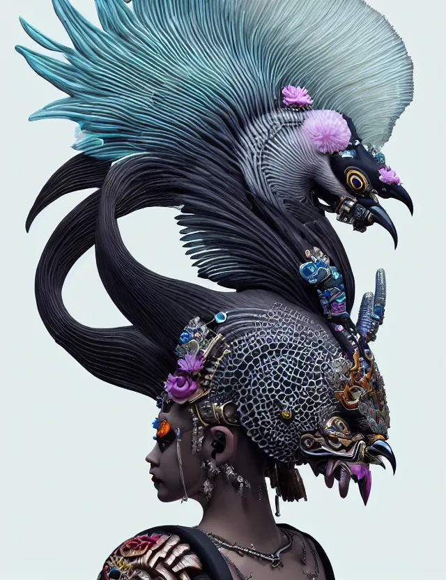 Image similar to 3 d goddess close - up profile portrait punk with mohawk with ram skull. beautiful intricately detailed japanese crow kitsune mask and clasical japanese kimono. betta fish, jellyfish phoenix, bio luminescent, plasma, ice, water, wind, creature, artwork by tooth wu and wlop and beeple and greg rutkowski