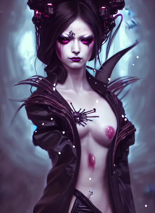 Image similar to soft lustrous ebony geisha seductive raver yakuza gothic cyborg, decay, underworld, dark fantasy, dark art, highly detailed, digital painting, octane render, artstation, concept art, smooth, sharp focus, illustration, art by artgerm, loish, wlop