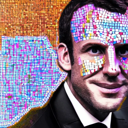 Prompt: mosaic portrait of Emmanuel macron with robot ears, 4k, intricate details, digital, moon in the background