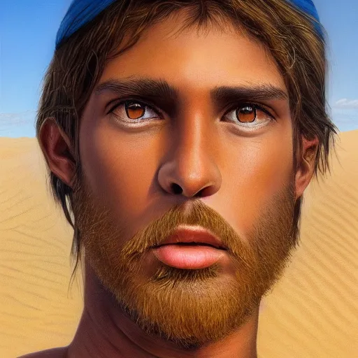 Image similar to a detailed portrait of a tan boy in the desert, fantasy art illustration, incredibly highly detailed and realistic, 8 k, sharp focus