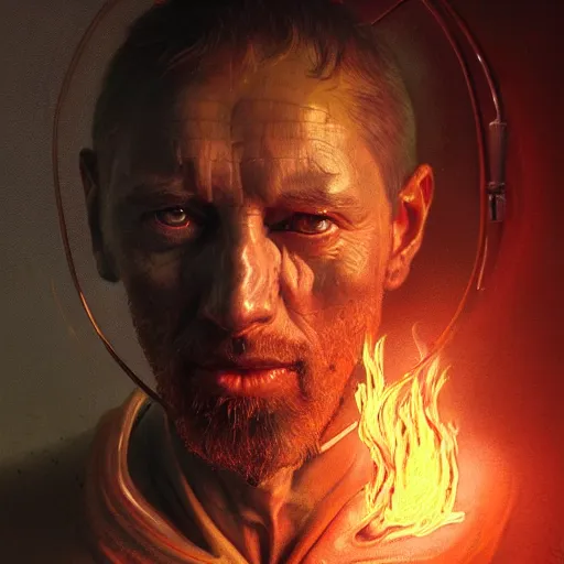 Prompt: a hyper - realistic character concept art portrait of a man on fire, depth of field background, artstation, award - winning realistic sci - fi concept art by jim burns and greg rutkowski, beksinski, a realism masterpiece, flesh - tone color palette, james gilleard, bruegel, alphonse mucha, and yoshitaka amano.