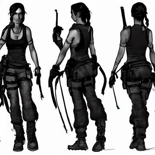 Image similar to lara croft, concept art, sketch, multiple angles, character sheet, character study