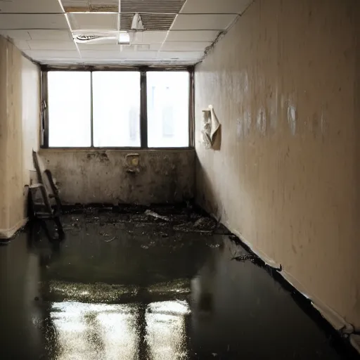 Image similar to backrooms office space, ominous lighting, moldy walls, momo wading in shallow water