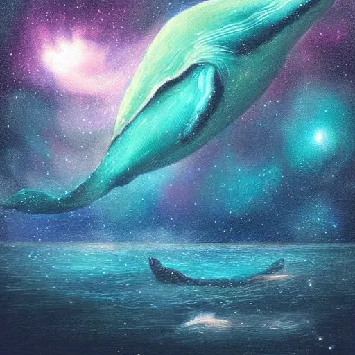 Prompt: Whales Swim Through Mysterious and Beautiful Milky Way, digital painting