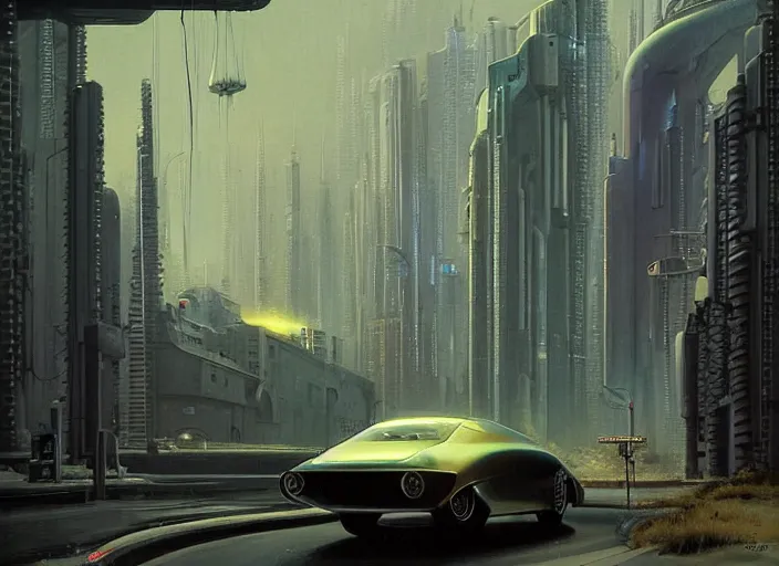 Image similar to a car driving down a street next to tall Forest-2 the night, cyberpunk art by Chesley Bonestell, cgsociety, retrofuturism, matte painting, reimagined by industrial light and magic