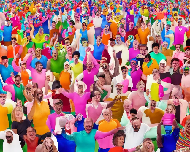 Prompt: incredible absurd energetic color advertisement for milk, baffling celebration of the production and consumption of milk, cows, dairy products, milk rainbow, milk waterfall, dairy, studio color photograph of a group of people drinking milk