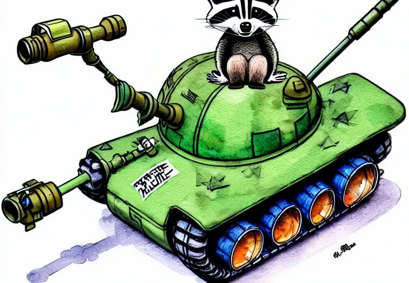 Image similar to cute and funny, racoon wearing army helmet riding in a tiny t 1 4 tank with large cannon, ratfink style by ed roth, centered award winning watercolor pen illustration, isometric illustration by chihiro iwasaki, edited by range murata