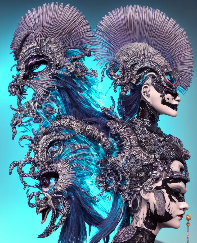 Image similar to 3 d goddess close - up profile portrait punk with mohawk with ram skull. beautiful intricately detailed japanese crow kitsune mask and clasical japanese kimono. betta fish, jellyfish phoenix, bio luminescent, plasma, ice, water, wind, creature, artwork by tooth wu and wlop and beeple and greg rutkowski