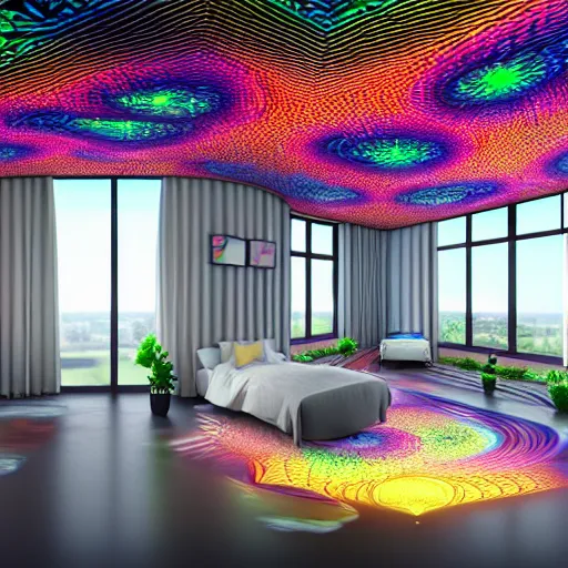 Image similar to : psychedelic art studio, luxury, modern architectural plans hyper - realistic, detailed, render by c 4 d octane, unreal engine, 8 k 3 d render ray traceing