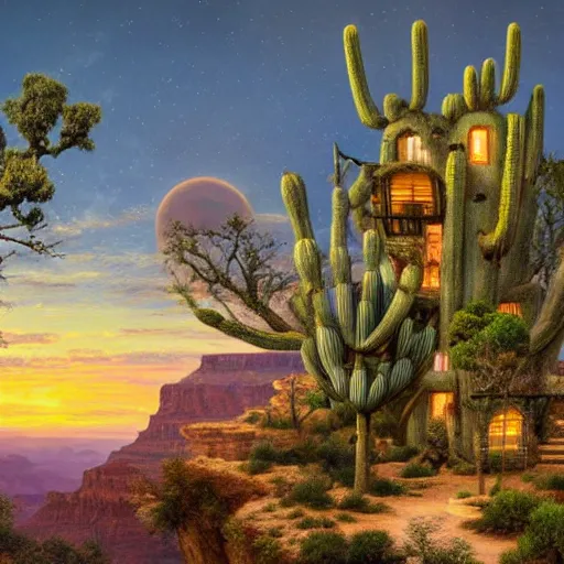 Image similar to fancy treehouse mansion built in a giant cactus on top of plateau with amazing view of sunset over the grand canyon detailed luminescent magical realism painting 4 k