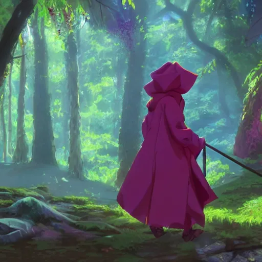 Image similar to concept art painting of an anthropomorphic anime style humanoid bearded dragon lizard wearing magenta wizard robes, in the deep forest, realistic, detailed, cel shaded, in the style of makoto shinkai and greg rutkowski and james gurney