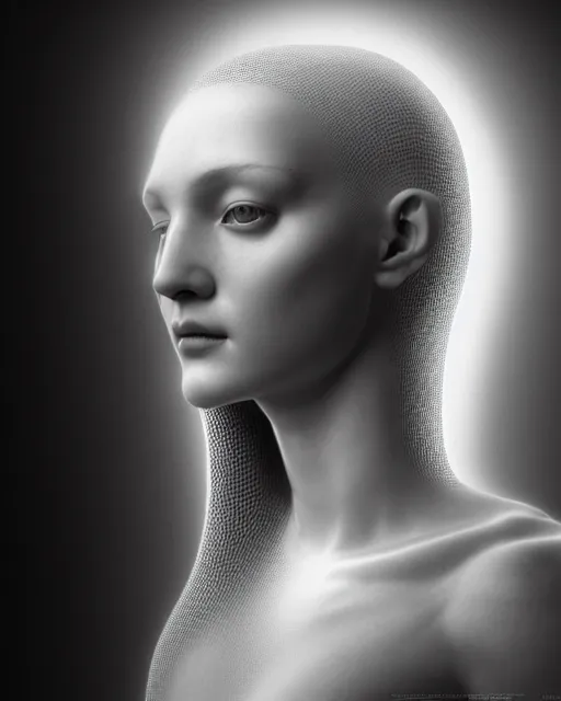 Image similar to dreamy, monochrome, subsurface scattering, white, cyborg goddess in cosmos, black and white, octane render, dino valls, mark ryden, highly detailed, rim light, art, cinematic lighting, very coherent, hyper realism, 8 k